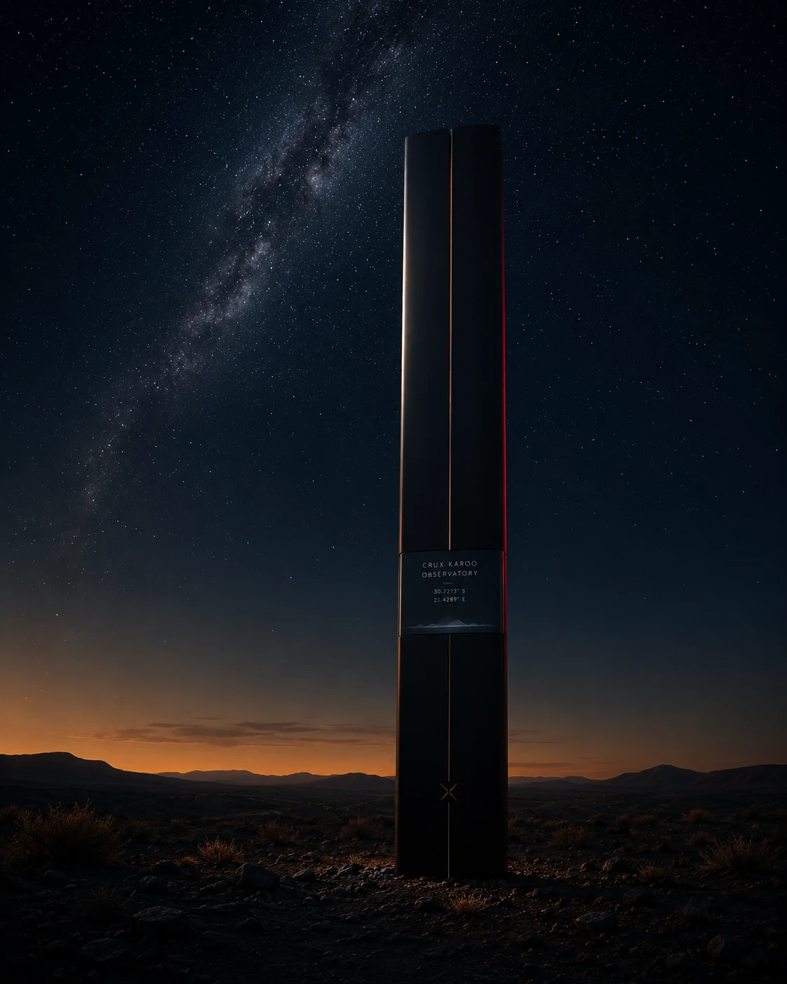 Crux Menhir signal artifact concept under a starry Karoo sky