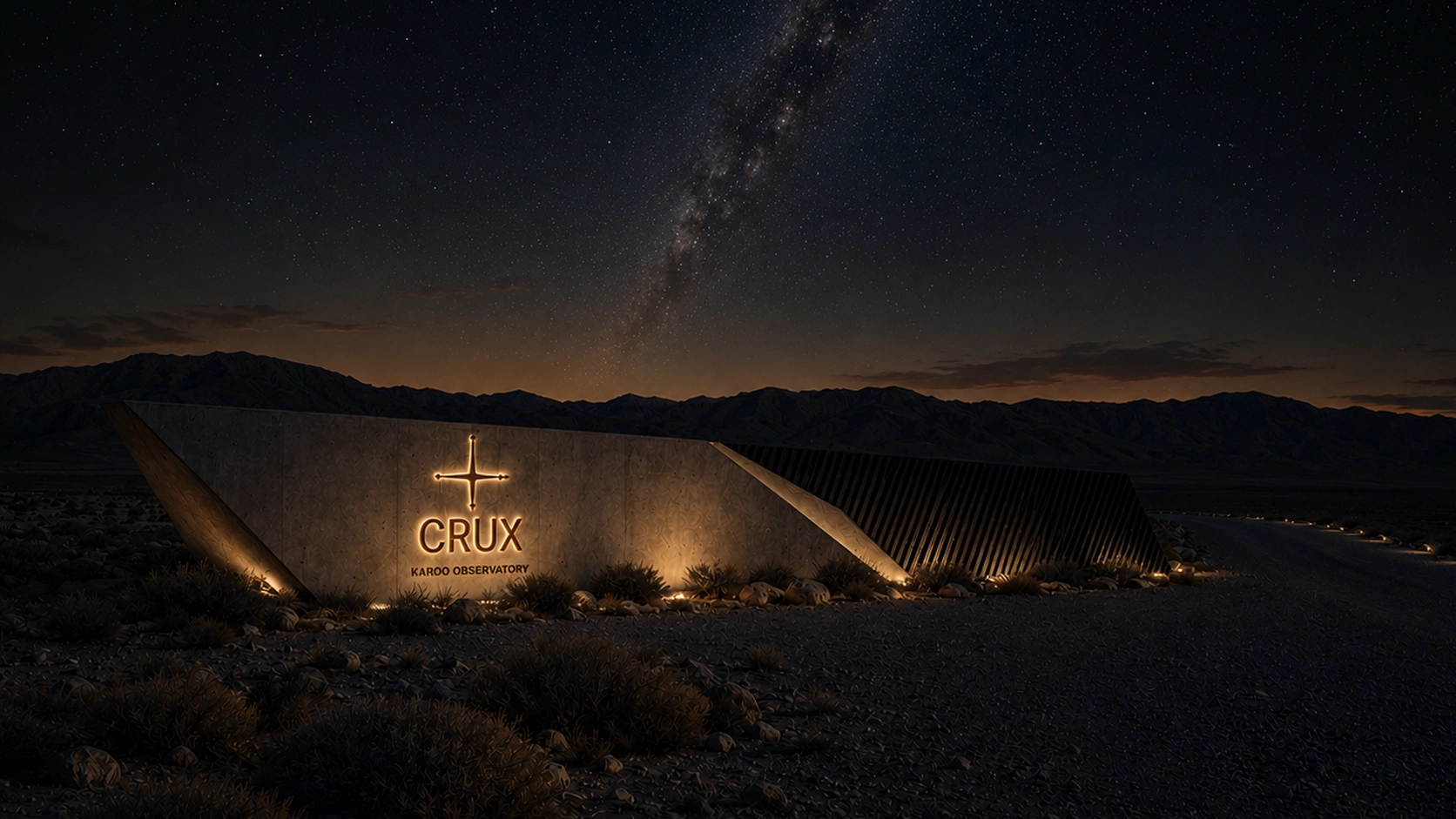 Phase 0 maintenance building concept at night in the Karoo landscape
